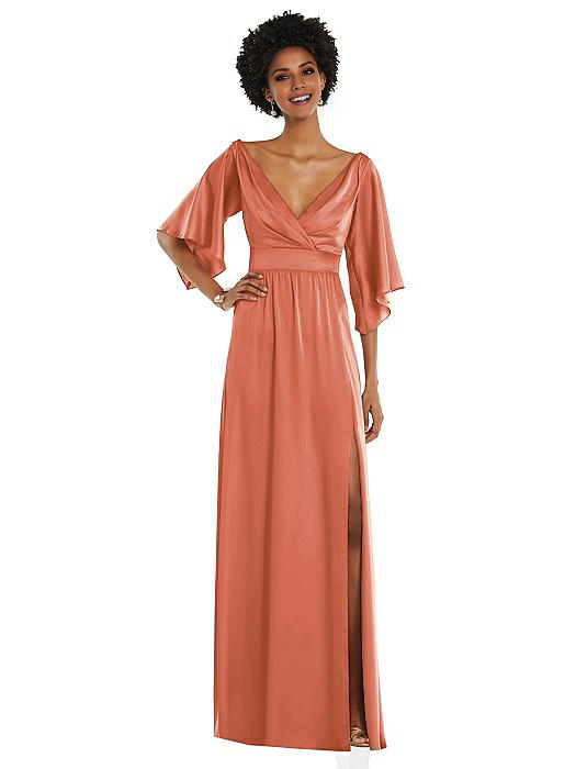 Jimiss V-neck off shoulder long sleeved backless side slit and floor length Prom dress